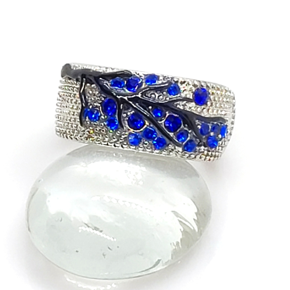 925 Sterling Silver Royal Blue CZ leaf tree Ring
